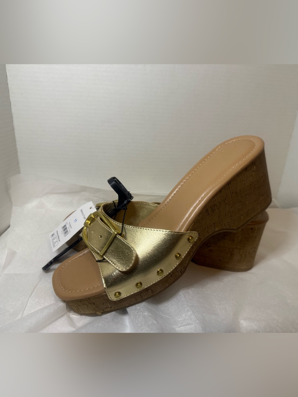 Time and Tru Metallic Gold Buckle Cork Wedge Mule